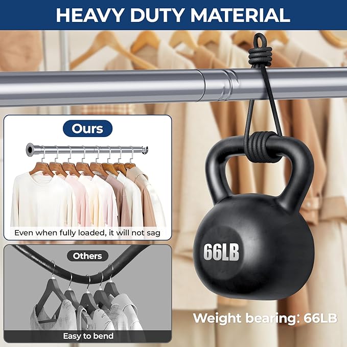 Mavivegue Closet Rod, 17 to 57 Inch Adjustable Closet Rods for Hanging Clothes, Silver Hanging Rod for Closet Wardrobes Laundry RV, Bathroom