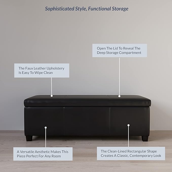 BELLEZE Storage Faux Leather Ottoman, 47 Inch Bench Bedroom Bench with Safety Close Hinge, Extra Long Ottoman with Storage for Living Room, Entryway, Hallway, Foot Rest, Support 300lbs - Black