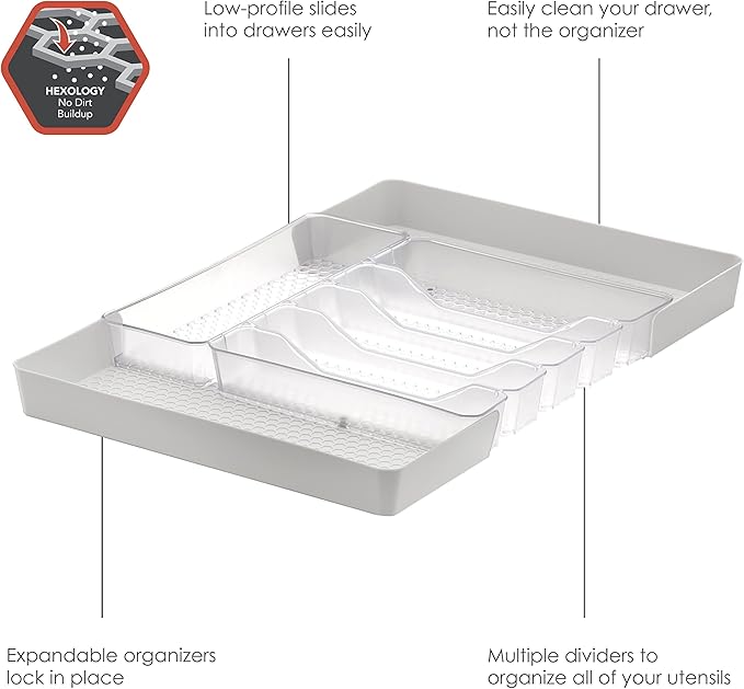 Spectrum Diversified Hexa Expandable Divided Drawer Organizer Tray Modern Kitchen Cutlery, Utensil, Silverware Holder, Cabinet Storage, 13 x 16, Clear Frost/Stone Gray