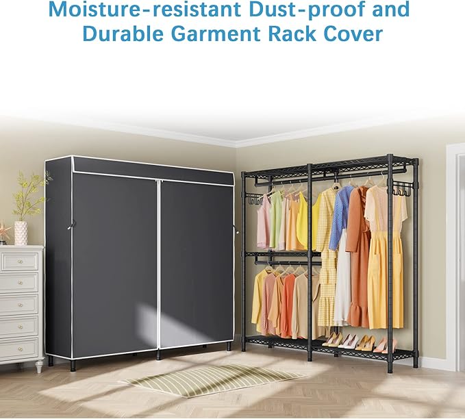 VIPEK V4C Garment Rack with Cover, Heavy Duty Portable Closet Adjustable Metal Clothing Rack for Hanging Clothes with Hanging Rods & Side Hooks, Max Load 810lbs, Black Rack with Black Cover
