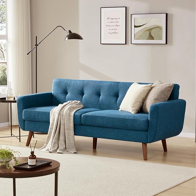 Tbfit 77.2" W Linen Sofa Couch, Mid Century Modern Decor Loveseat Couches for Living Room, Button Tufted Upholstered Small Couch for Bedroom, Solid, and Easy to Install Love Seats Furniture, Blue
