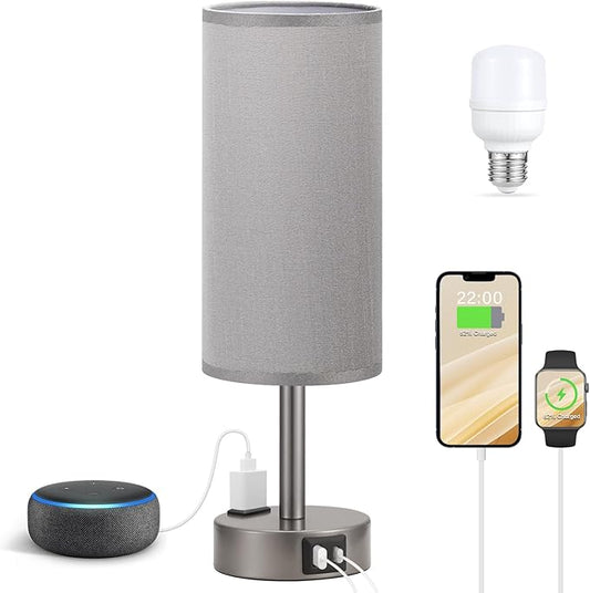 Grey Bedside Table Lamp for Bedroom - 3 Way Dimmable Touch Lamp USB C Charging Ports and AC Outlet, Small Lamp for Living Room, Desk, LED Bulb Included