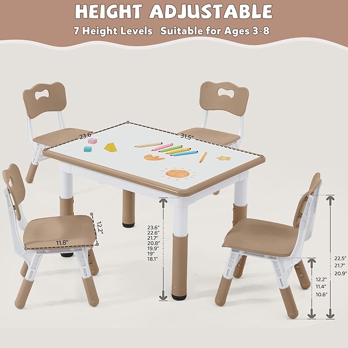 Adjustable Kids Table Chairs Set – Graffiti Desktop, Multi-Activity Height-Adjustable Toddler Study Desk for Ages 3-8 – Ideal for Home, Classroom, Daycare (B-Darkbrown, 4 Chairs-31.5" L x 23.6" W)