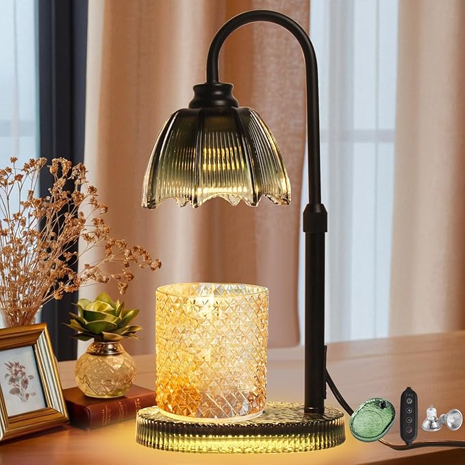 Candle Warmer Lamp with Timer: Adjustable Height and 4 Dimmer, Crystal Glass Base, Heater Wax Warmer for Jar Scented, Home Décor and Housewarming & Birthday Gift for Mom Woman, 2 Bulbs (Dark Green)