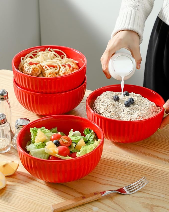 Hasense Large Ceramic Serving Bowls 42 Oz - 7 Inch Salad Bowl Set of 4 for Kitchen,Modern Ribbed Porcelain Dishes for Entertaining,Soup,Pho,Pasta,Cereal, Noodle - Dishwasher & Microwave Safe, Red