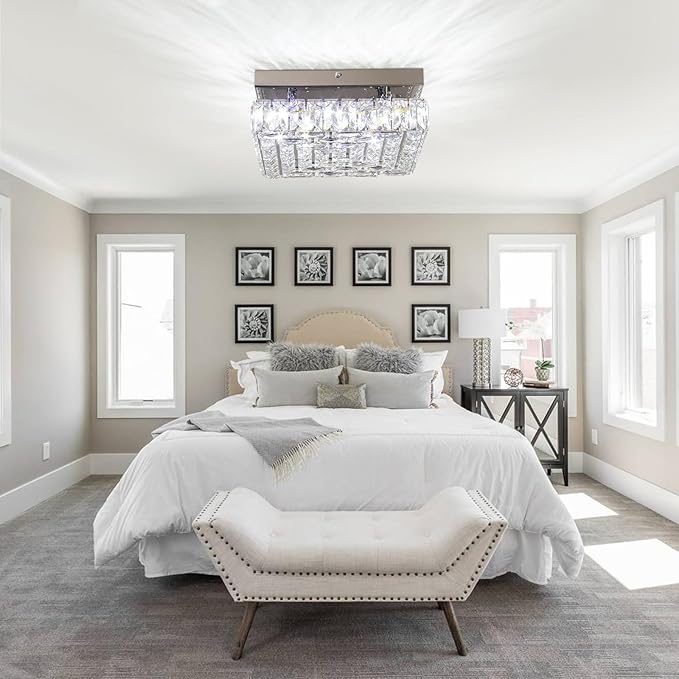 10.6" Crystal Ceiling Light Modern Crystal Chandelier LED Flush Mount Ceiling Light Fixture Mini Square Chandeliers for Bedroom Hallway Kitchen Foyer (Cool White)