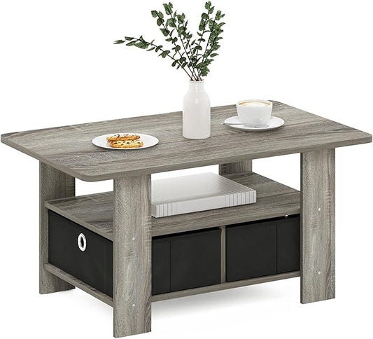 Furinno Andrey Coffee Table with Bin Drawer, French Oak Grey/Black