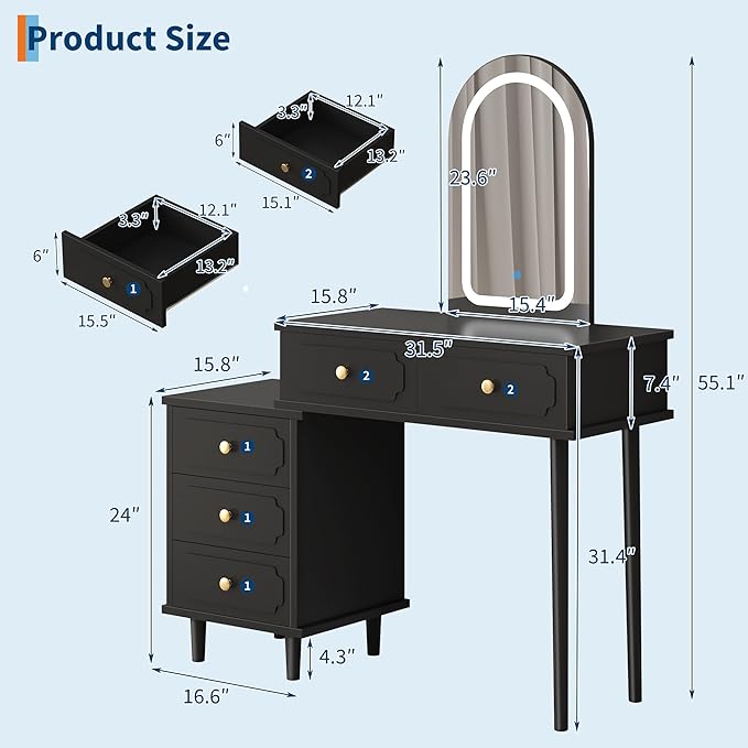 Garvee Makeup Vanity Desk with Mirror and Lights, Modern Black Vanity Table with 2 Drawers & Adjustable 3-Drawer Cabinet, Wood Dressing Table for Bedroom