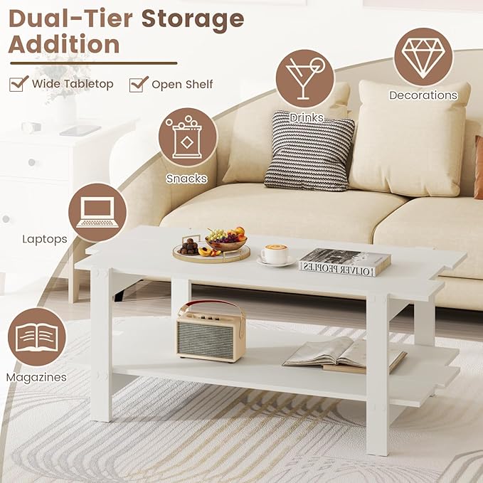 Giantex Coffee Table with Storage, 45 Inch Modern Center Table with Slatted Design & Side Rail Support, Rectangular Living Room Table for Small Spaces, White