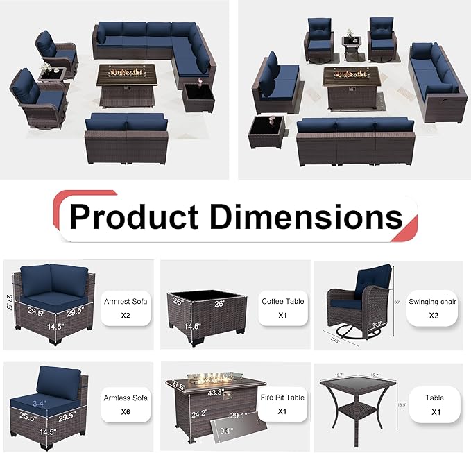 Kurapika 13 Pieces Patio Furniture Set, Rattan Wicker Outdoor Conversation Sets w/43in Propane Fire Pit Table, Swivel Rocking Chairs Patio Sectional Sofa w/4 Inch Cushion, Navy Blue