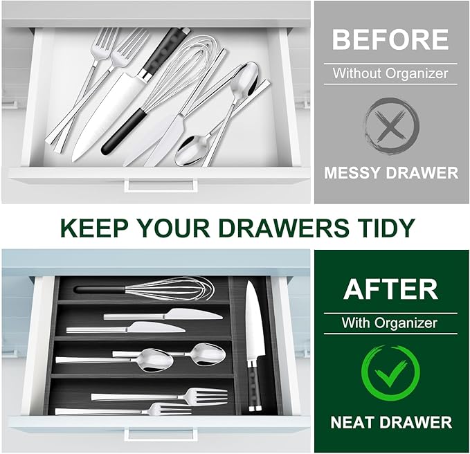 Small Silverware Organizer Utensil Tray 13"x9" Kitchen Drawer Organizers and Storage Wooden Utensil Holder Drawers Divider Narrow Black Cutlery Tray for Spoon Forks Bamboo Flatware Cutlery Organizer