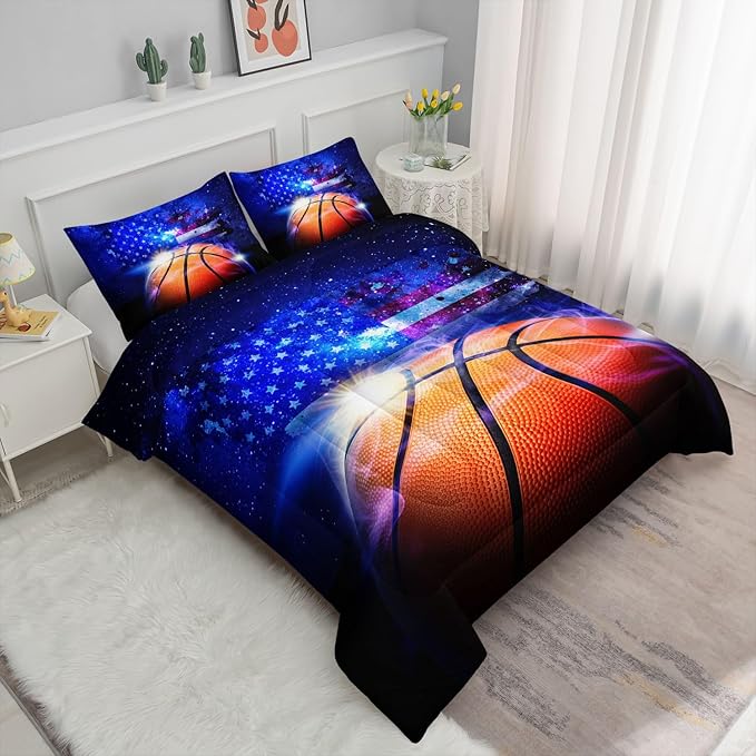 Kids Comforter Set Basketball Printed Pattern Bedding Set with 1 Comforter and 2 Pillowcases for Girls Boys Bedroom All Season(Basketball Twin)