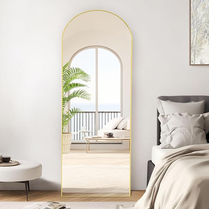 OLIXIS Arched Full Length Mirror 64"x 21" for Bedroom, Full Body Mirror with Stand, Hanging or Leaning for Wall, Aluminum Alloy Thin Frame Floor Standing for Living Room, Long, Gold