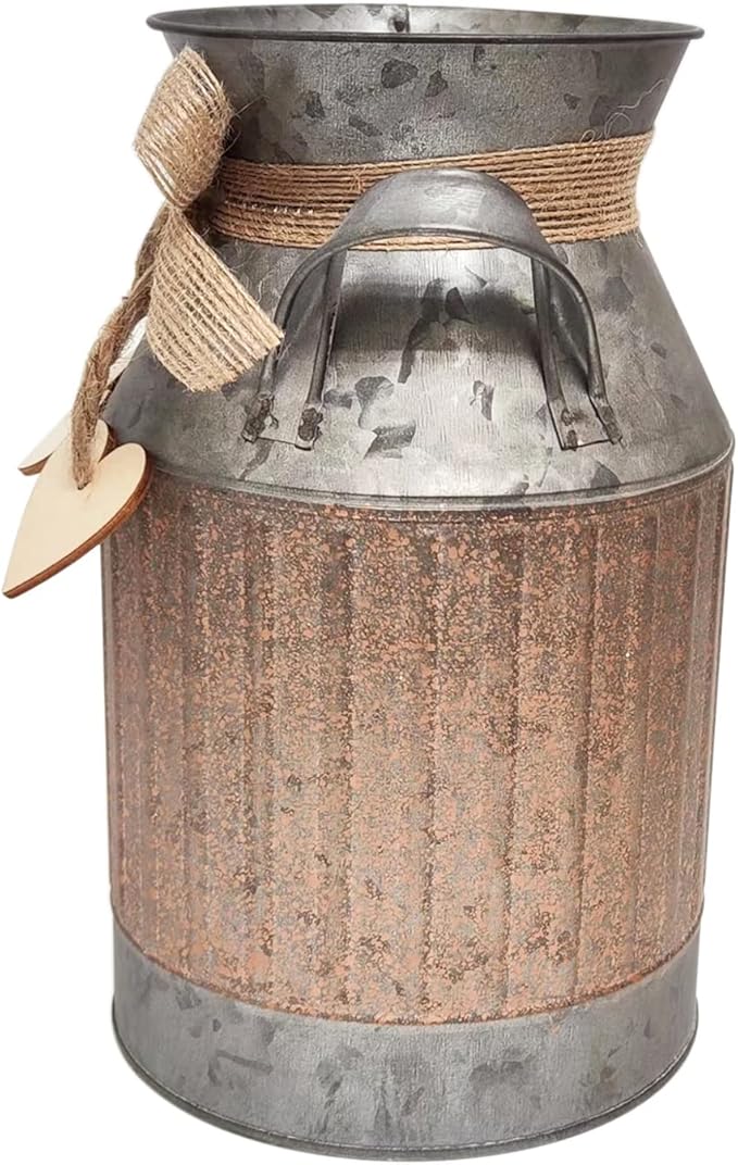 Shabby Chic Classy Designed Brown Milk Can Heart-Shaped Galvanized Finish Metal Vase Country Rustic Primitive Decorative Flower Holder, 8.8" H
