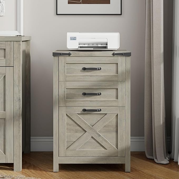 Vertical File Cabinet with 3 Drawers, Wooden Farmhouse Filing Cabinet for Letter/A4 Size Hanging Files, Under Desk Printer Stand with Storage for Home Office, Rustic Grey