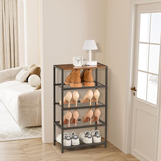 Metal 5 Tier Shoe Rack for Front Door Entrance, Entryway, and Closet Shoe Organizer with 4 Sturdy Metal Mesh Shelves and Wooden Top, Holds 10 Pairs, Ideal for Storage or Display