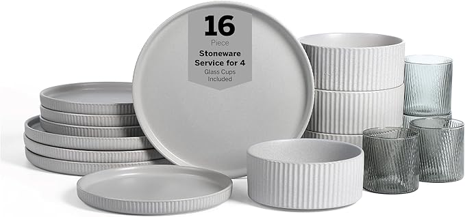 Stone Lain Haven Stoneware 16-Piece Dinnerware Set, Plates and Bowls Sets for 4, Grey Dish Set, Includes Dinner and Salad Plates, Cereal Bowls, Glassware, Microwave & Dishwasher Safe