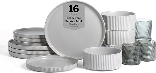 Stone Lain Haven Stoneware 16-Piece Dinnerware Set, Plates and Bowls Sets for 4, Grey Dish Set, Includes Dinner and Salad Plates, Cereal Bowls, Glassware, Microwave & Dishwasher Safe