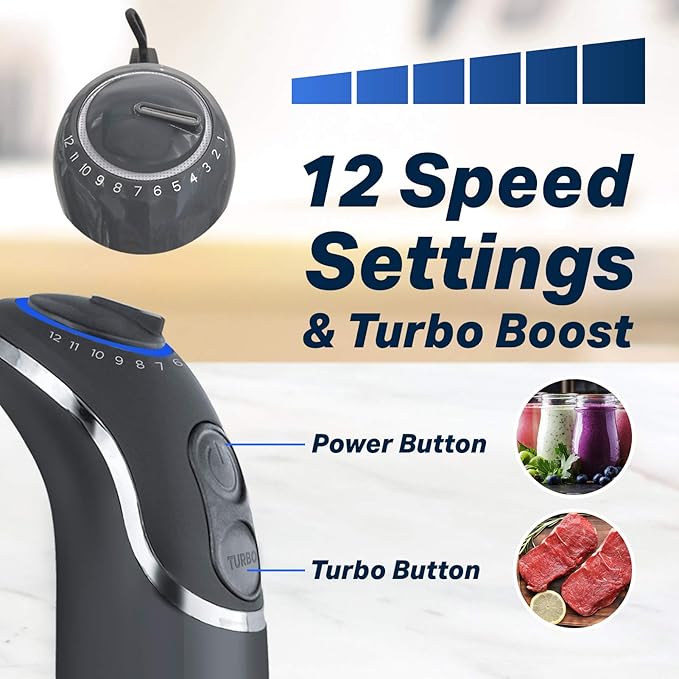 Mueller Multistick 5-in-1 Immersion Blender Handheld, 12 Speed Hand Mixer - Turbo Boost, Heaviest Duty Copper Motor, Titanium Blades Hand Blender, Milk Frother Wand, Whisk, Beaker, Chopper, Grey