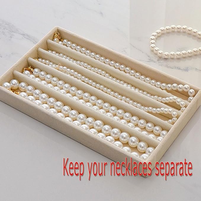 Necklace Organizer Box with Clear Lid, Dustproof Velvet Jewelry Holder Storage Display Case, Stackable Acrylic Necklace Tray Drawer Insert for Women and Girls (Beige,3 Drawers)