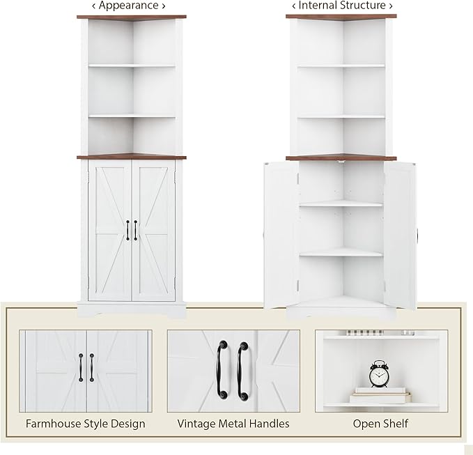 Smuxee Tall Corner Storage Cabinet, Farmhouse Corner Cabinet with Barn Door and Adjustable Shelf, White Freestanding Cabinet Organizer for Bathroom, Kitchen, Living Room