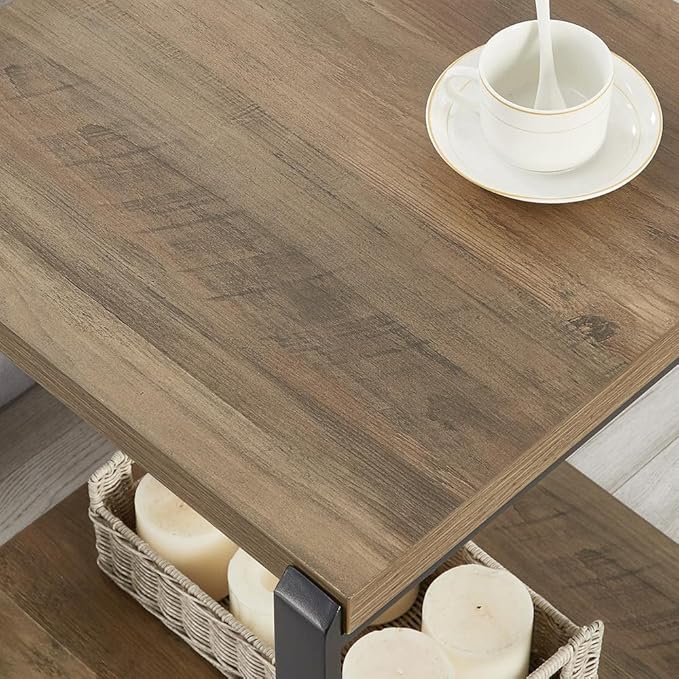 FOLUBAN Industrial End Table, Square Side Table with Storage Shelf for Living Room, Wood and Metal Nightstand, Oak