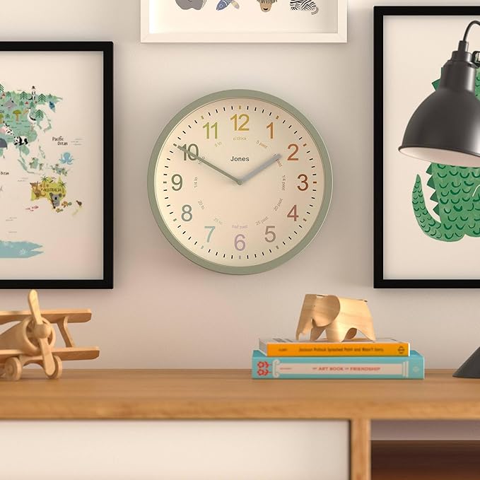 JONES CLOCKS® Kids Wall Clock | Small Modern Children’s Clock | 10 inch | Sage Green | Colourful Numbers | Learn to Tell The time