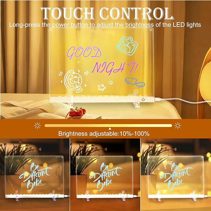 Acrylic Dry Erase Board with LED Light -11.8"x8.5" Clear Glowing Memo,Brightness Level Adjustment,12 Color Markers, Ideal for Office/Home/Kids (Standard Edition)