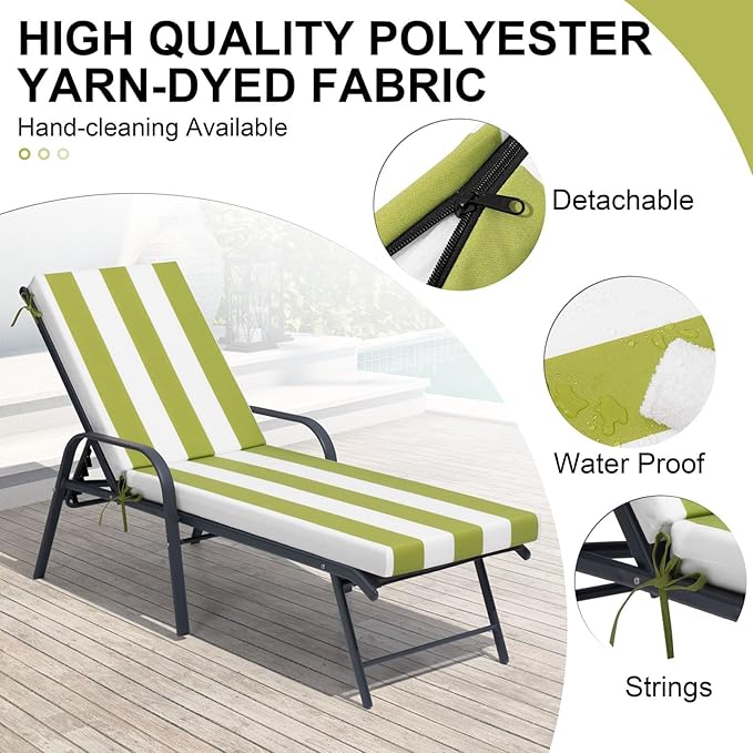 Crestlive Products Chaise Lounge Cushions Set of 2, Outdoor Cushions for Patio Furniture, Water Resistant Lounge Chair Cushion for Pool, Deck, Lawn, 80''L x 21''W, Green White Stripe