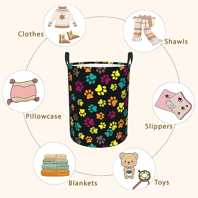 Dog Paw Laundry Basket,Colorful Paws Foldable Laundry Hamper,Dirty Clothes Laundry Basket, Linen Bin Storage Organizer for Toy Collection 16" x 20"