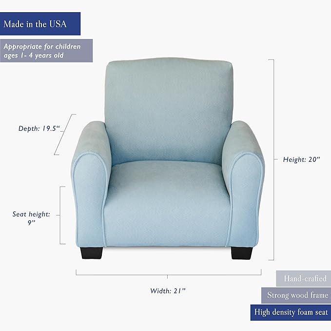 Toddler Personalized Chair, Kids Upholstered Rocking Chair with Personalization, Toddler Armchair with Personalized Name, Comfy Child Armchair, (Light Blue Suede, Legs)