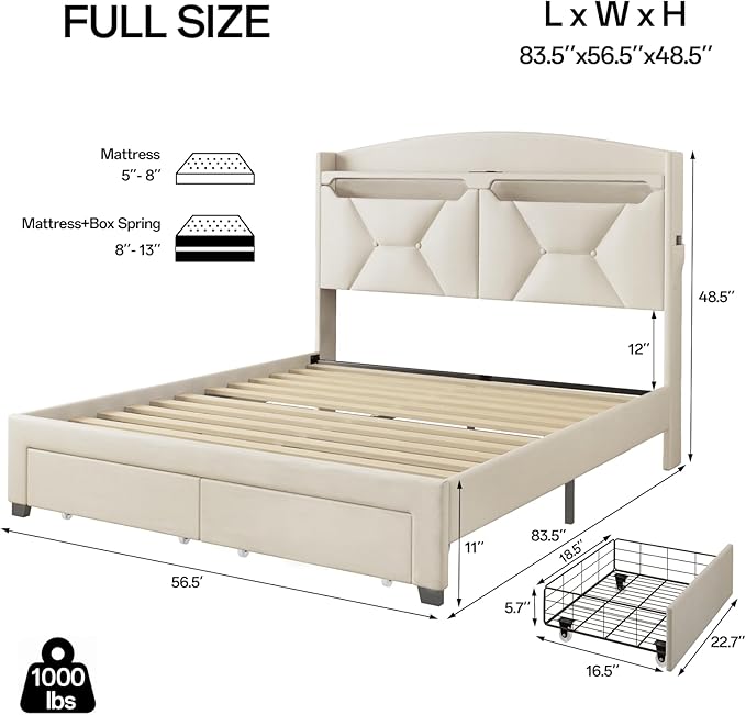 Full Size Bed Frame, Full Bed Frame with Storage Drawers, Upholstered Bed Full Size with Charging Station and LED Lights, Easy Assembly, Beige