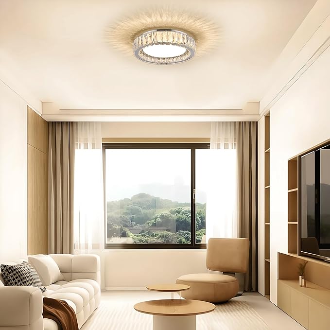 15 Inch Modern Chrome Crystal Flush Mount Chandelier,Dimmable LED 5CCT 3000K-6000K 36W,Large Round Luxury Close to Ceiling Light Fixtures for Living Room,Bedroom,Kitchen,Dining Room