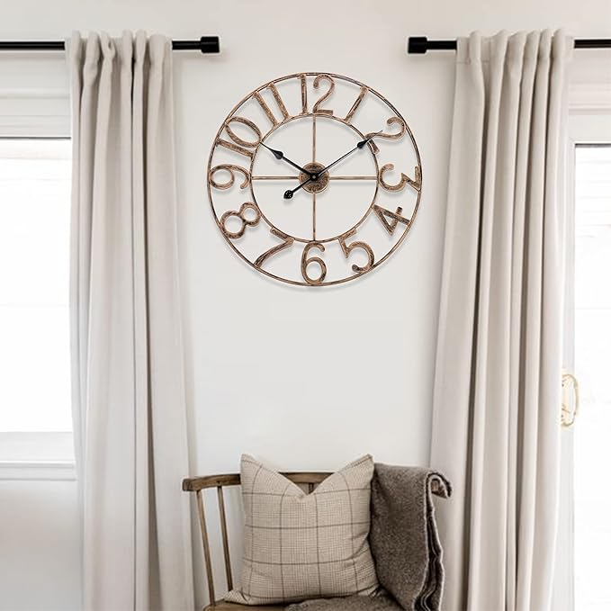 Large Wall Clocks for Living Room Decor, Silent Analog Battery Operated Wall Clock, 24 Inch Bronze Rustic Farmhouse Metal Wall Clock for Indoor, Outdoor
