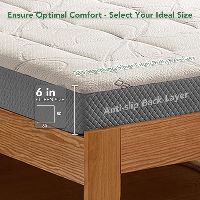 6 Inch Queen Memory Foam Mattress- CertiPUR-US Certified Foam Mattress in a Box -Medium Firm Support for Pressure Relief with Washable Bamboo Fiber Cover for Kids Single Bunk Trundle Bed