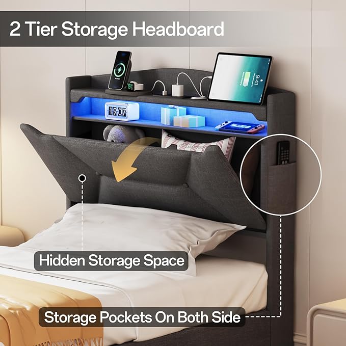 Twin Bed Frame, Twin Bed Frames with Storage Headboard, Upholstered Twin Size Bed Frame with Drawers, Charging Station and LED Lights, Easy Assembly, Grey
