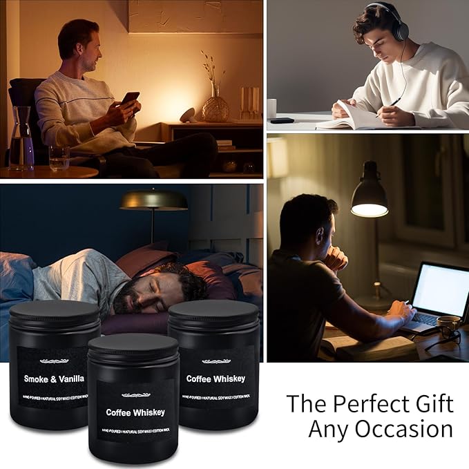 Scented Candle Set, Men Candle Set, Scented Candles for Home, Gifts for Men, 3 Pack Manly Candles Gifts for Mens Scents of Smoke & Vanilla/Sandalwood & Patchouli/Coffee Whiskey
