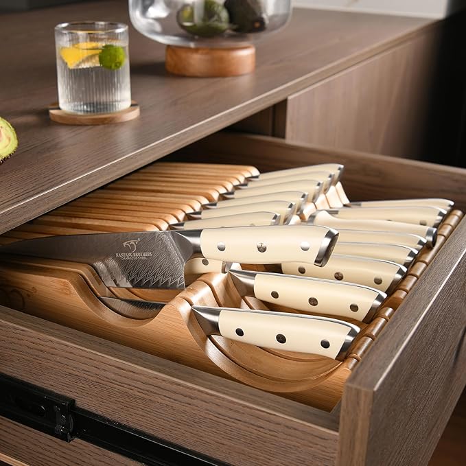 NANFANG BROTHERS Damascus Kitchen Knife Set,14 Pieces Drawer Knife Set,ABS Ergonomic Handle for VG10 Steel Professional Chef Knives Set with Block and Steak Knives