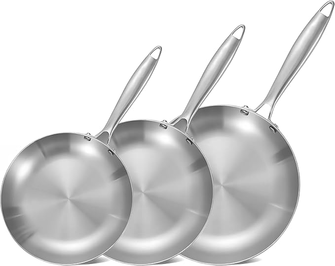 LOLYKITCH 8.5-10-12 Inch Tri-ply Stainless Steel Frying Pans Set of 3,Skillets,Induction Cookware Set,Oven and Dishwasher Safe,Riveted Handle