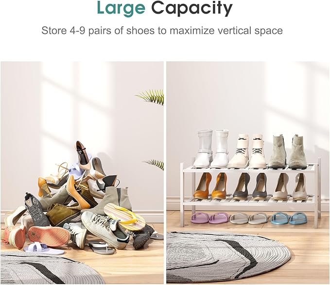 White Shoe Rack for Entryway, 2 Tier Shoe Organizer for Hallway Closet, Bamboo Wood Shoe Racks for Indoor Outdoor (White, 2-Tier)