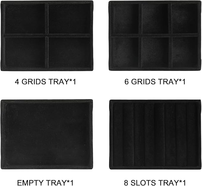 Frebeauty Small Jewelry Tray Set,Stackable Velvet Jewelry Organizer Tray,Mini Jewelry Drawer Organizer,Drawer Inserts,4.92 x 3.74 x 0.9 Inches,Earring Organizer for Women(Set 4,Black)