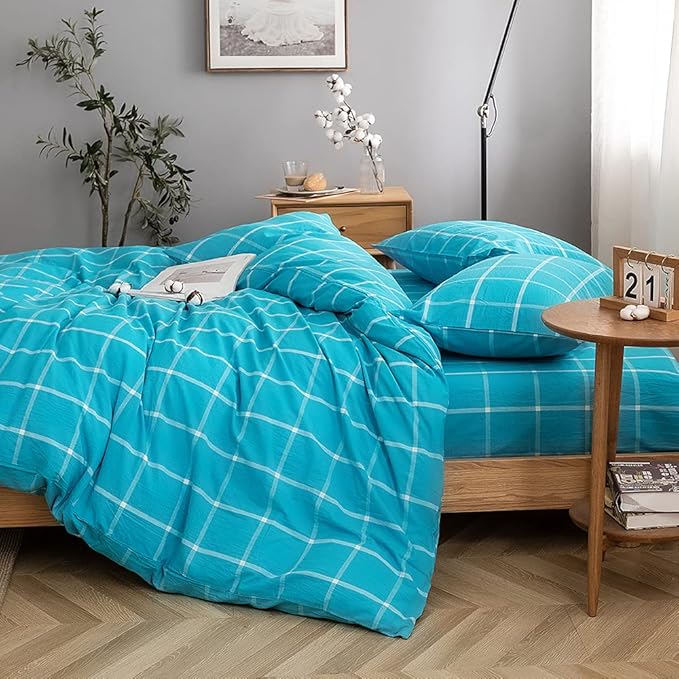 FACE TWO FACE Bedding Duvet Cover Set100% Washed Cotton Duvet Cover Linen Like Textured Breathable Durable Soft Comfy (King, Turquoise Grid)