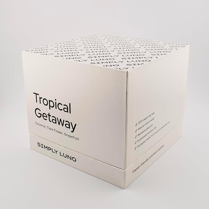 Tropical Getaway Scented Candle – 14oz Soy Wax with Coconut, Mango & Sea Salt – Summer Candle for Home – 50+ Hour Burn – Eco Friendly Gift Box in Reusable Glass Jar with Bamboo Lid