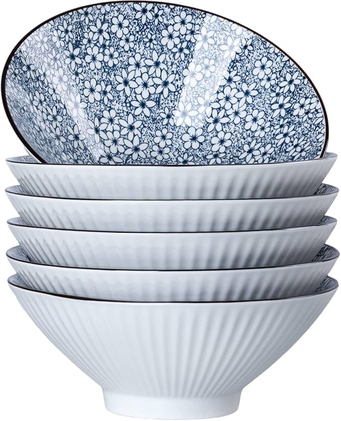 38 oz Japanese Ramen Bowl Set of 6 - Large 8 Inch Ceramic Soup Bowls, Blue and White Japanese Noodle Bowls for Pho, Ramen, and Salad - Cherry Blossom Floral Patterns