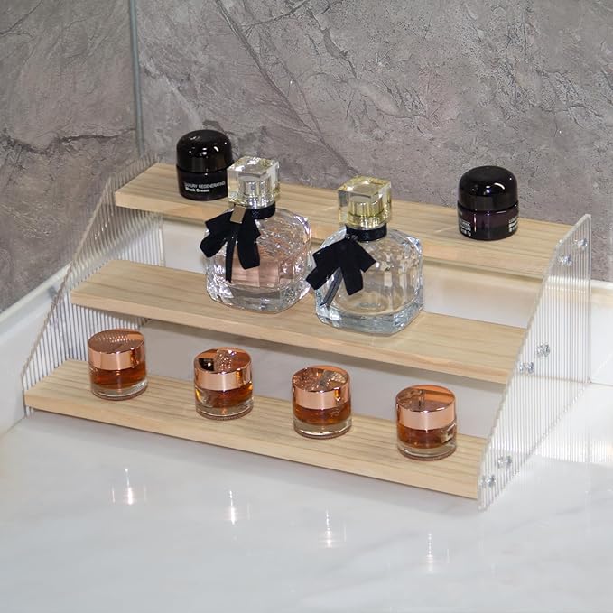 nianfeng Tiered Spice Rack, 3-Tier Spice Pantry Kitchen Cabinet Organizer, 12-Inch, Natural Wood Acrylic Stair Riser Stand, Countertop Seasoning Shelf