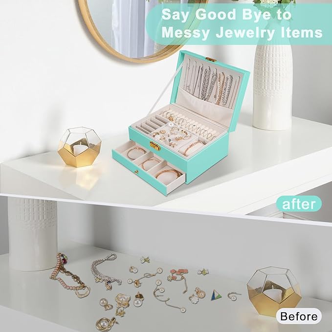 Jewelry Box for Women Girl Wife - Large PU Leather Jewelry Organizer Storage Case with Two Layers Display for Earrings Bracelets Rings Watches (Teal)