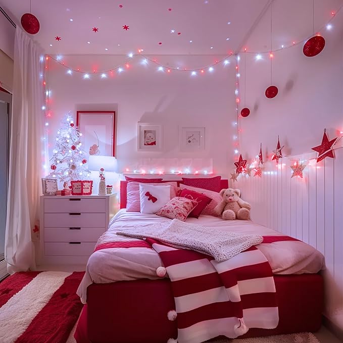 JMEXSUSS 132ft Red and White Christmas Lights Outdoor with Remote, 400 LED String Lights Indoor Plug in with Remote, 8 Modes Christmas Fairy Lights for Bedroom Tree Party Christmas Decorations