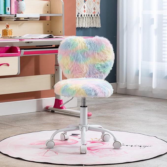 Cute Fuzzy Kids Chair for Teenage Girls Rolling Study Desk Student Chair Furry Computer Task Chair, Adjustable Heart Shaped Reading Vanity Chair for Bedroom, Various