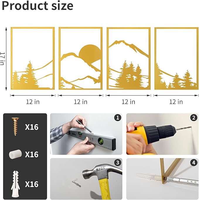 Art3d Black Metal Wall art, 4 Pieces Wall Decor for Living Room Bedroom Hallway Hotel, Natural Mountain Wall Art Style, Line Art Wall Décor