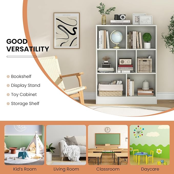 Costzon Wooden Toy Storage Organizer, 7-Cube Kids Bookshelf w/ 2 Anti-Toppling Kits, 3 Tier Open Shelves & Non-Slip Foot Pads, Book Shelf for Kids Rooms, Playroom, Classroom, Nursery (White)